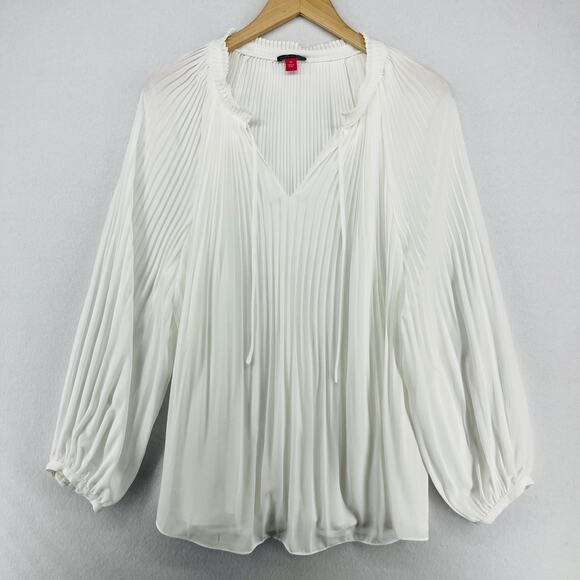 VINCE CAMUTO Top Womens 3X Plus Crepe Pleated Blouse Tie Neck Double Layer White - Picture 1 of 15